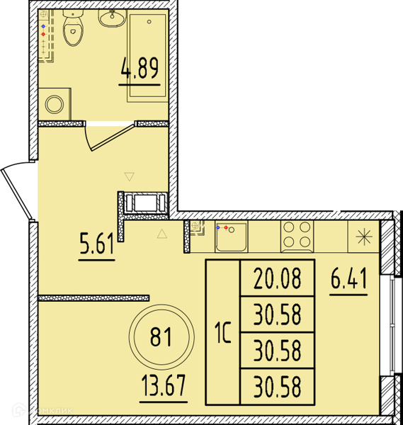 Планировка: Студия · 30,58 м²