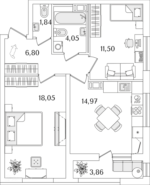 Планировка квартиры: 2 комнаты · 59,3 м²
