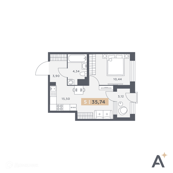 Планировка: 1 комната · 35,74 м²