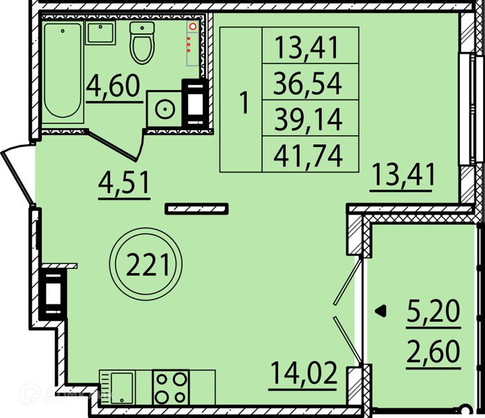 Планировка: 1 комната · 36,54 м²