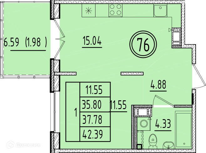 Планировка: 1 комната · 35,8 м²