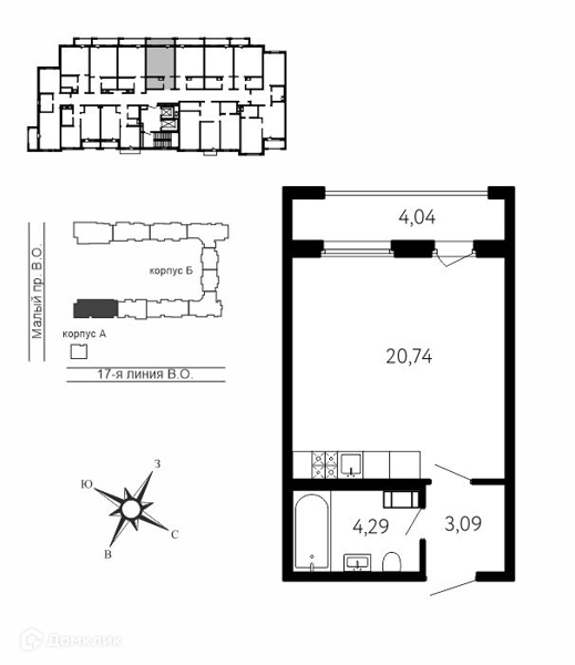 Планировка квартиры: 1 комната · 29,33 м²