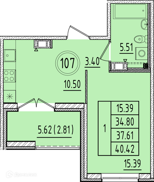 Планировка квартиры: 1 комната · 34,8 м²