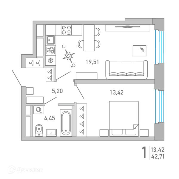 Планировка квартиры: 1 комната · 42,9 м²