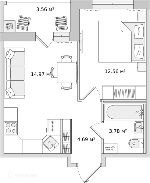 Планировка: 1 комната · 39,56 м²