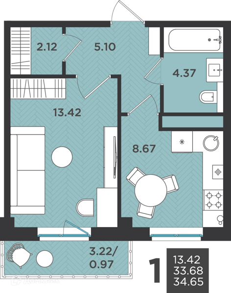 Планировка: 1 комната · 34,65 м²