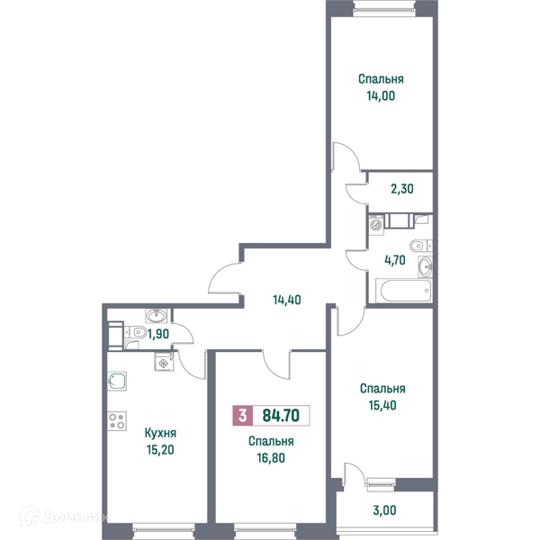 Планировка: 3 комнаты · 84,7 м²