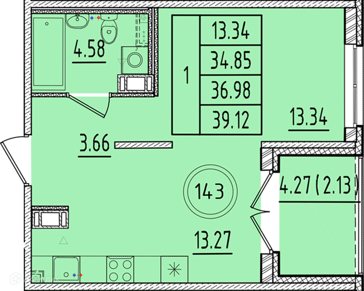 Планировка: 1 комната · 34,85 м²