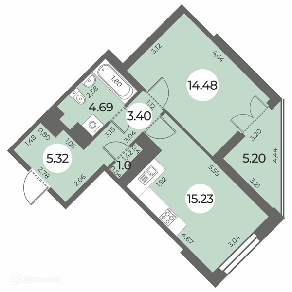 Планировка: 1 комната · 46,72 м²