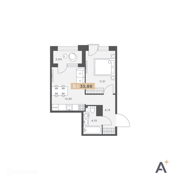 Планировка: 1 комната · 35,86 м²