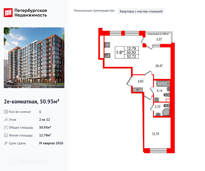 Планировка: 1 комната · 50,93 м²