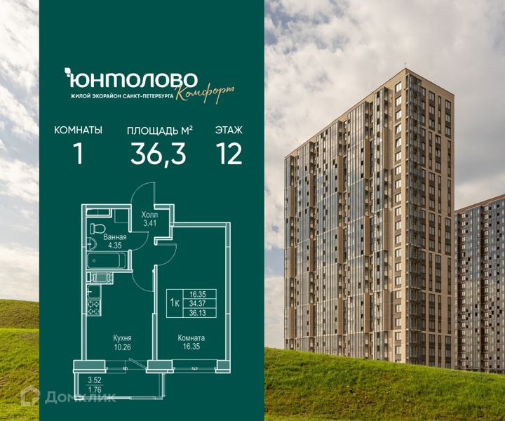 Планировка: 1 комната · 36,3 м²