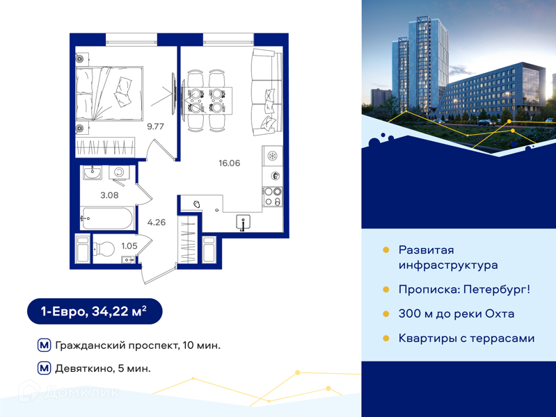 Планировка квартиры: 1 комната · 34,22 м²