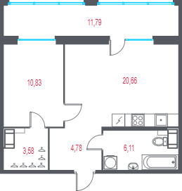 Планировка: 1 комната · 49,5 м²