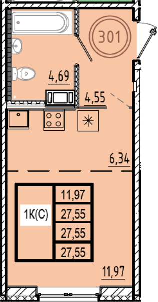 Планировка: Студия · 27,55 м²