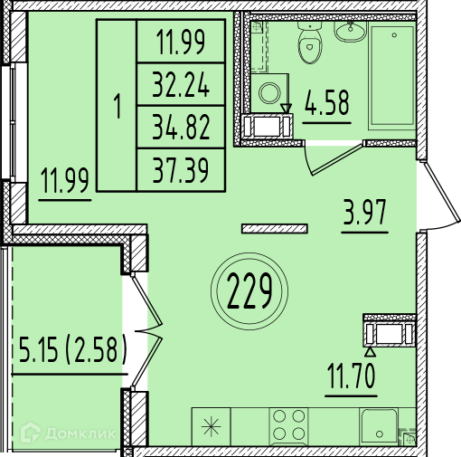 Планировка: 1 комната · 32,24 м²
