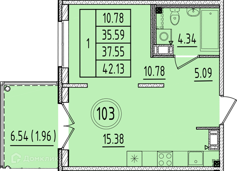Планировка квартиры: 1 комната · 35,59 м²