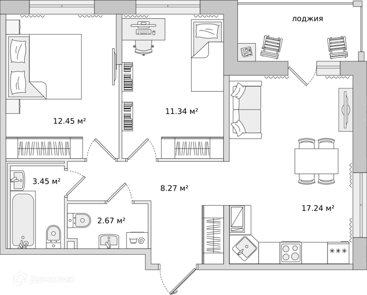 Планировка: 2 комнаты · 60,86 м²