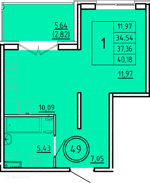 Планировка: 1 комната · 34,54 м²