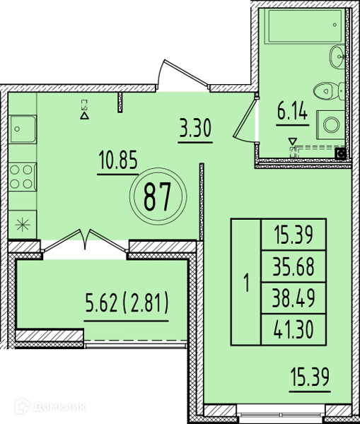 Планировка: 1 комната · 35,68 м²