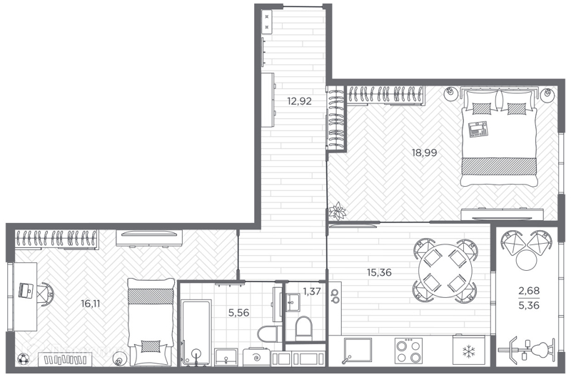 Планировка квартиры: 2 комнаты · 72,8 м²