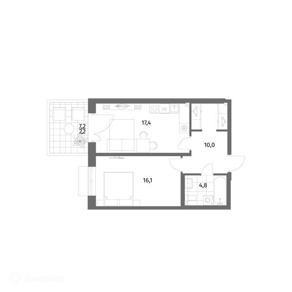 Планировка: 1 комната · 50,5 м²
