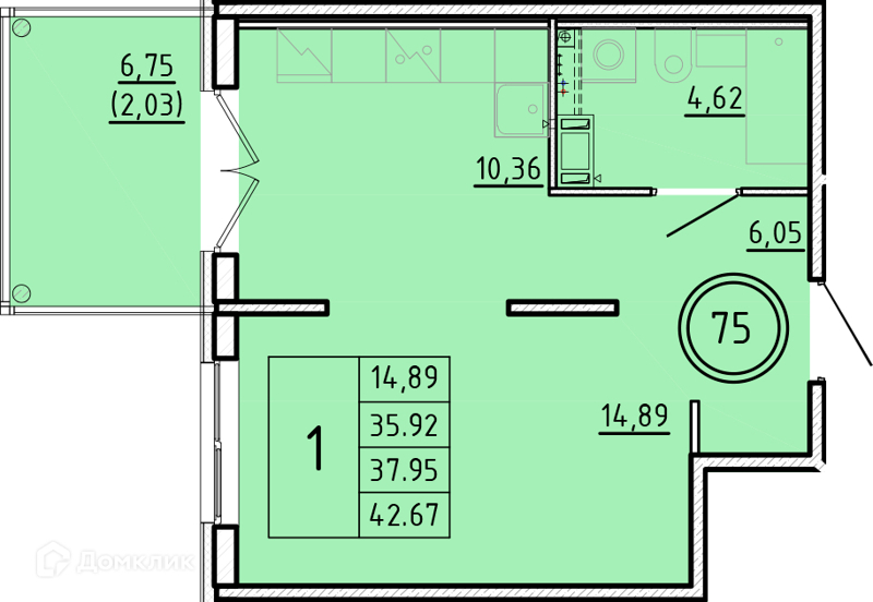 Планировка: 1 комната · 35,92 м²