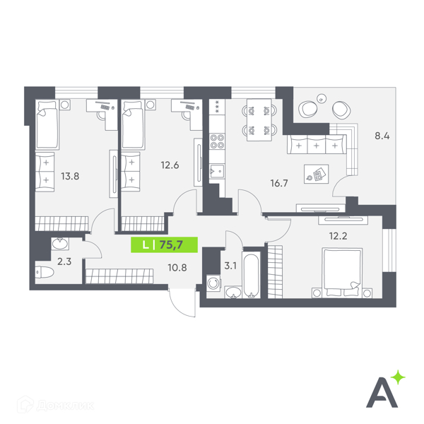 Планировка: 3 комнаты · 75,7 м²