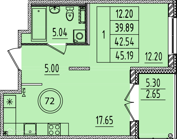Планировка: 1 комната · 39,89 м²