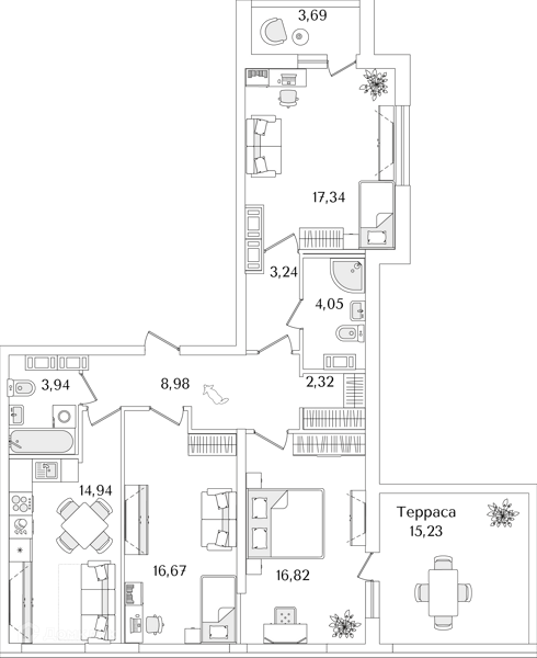 Планировка: 3 комнаты · 92,8 м²