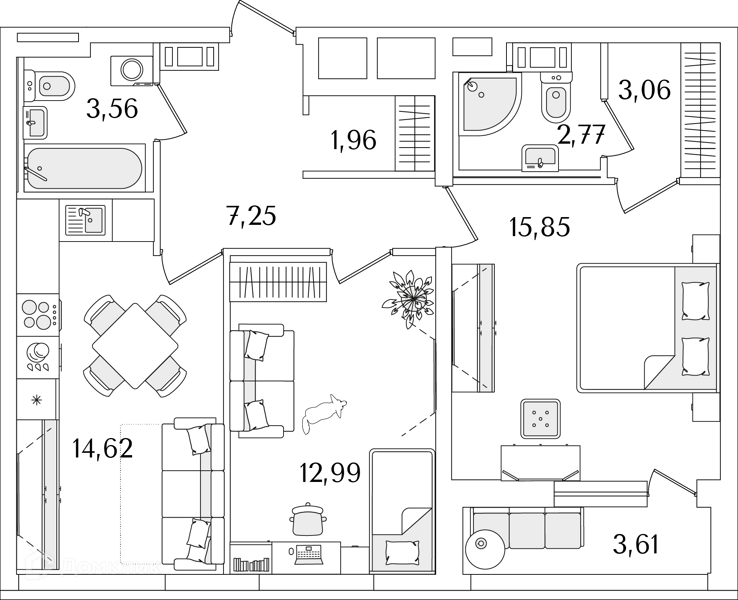 Планировка: 2 комнаты · 63,8 м²