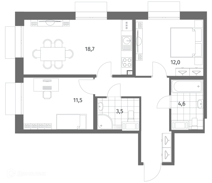Планировка: 2 комнаты · 60,6 м²