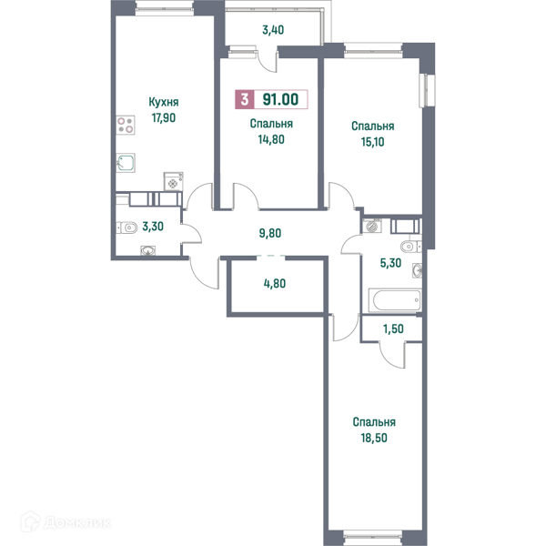 Планировка: 3 комнаты · 91 м²