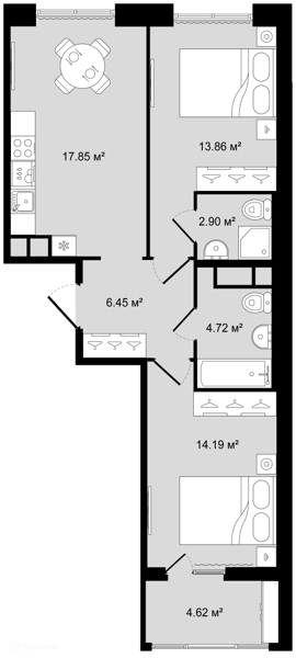 Планировка: 2 комнаты · 62,28 м²