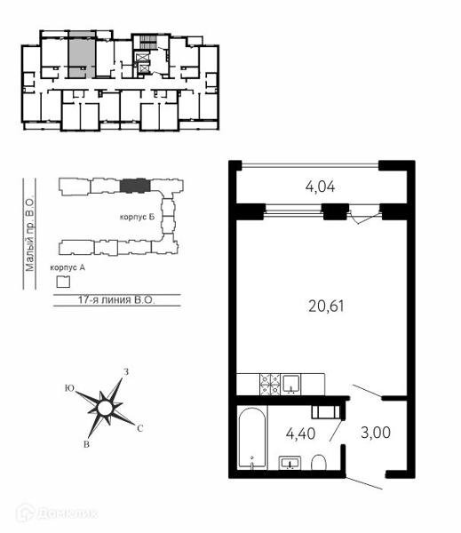 Планировка квартиры: 1 комната · 29,22 м²