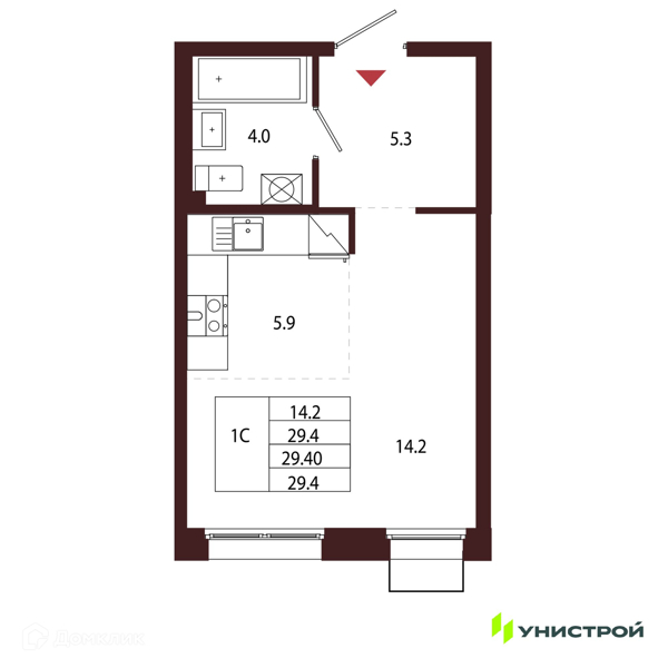 Планировка квартиры: Студия · 29,4 м²