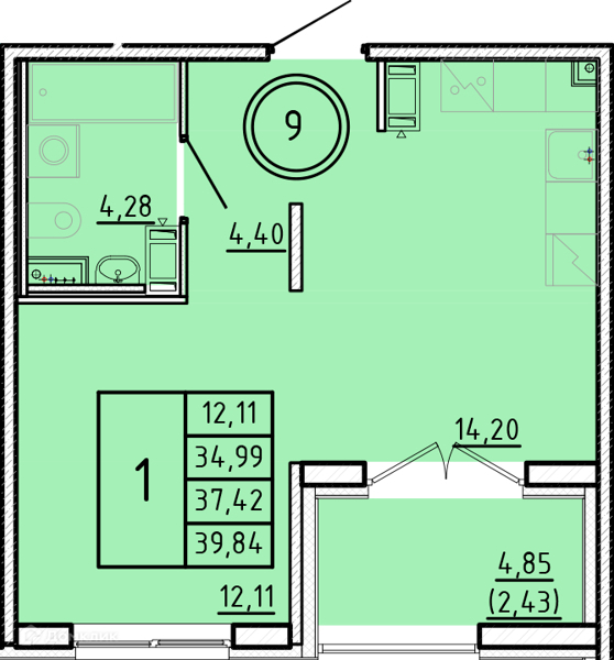 Планировка: 1 комната · 34,99 м²