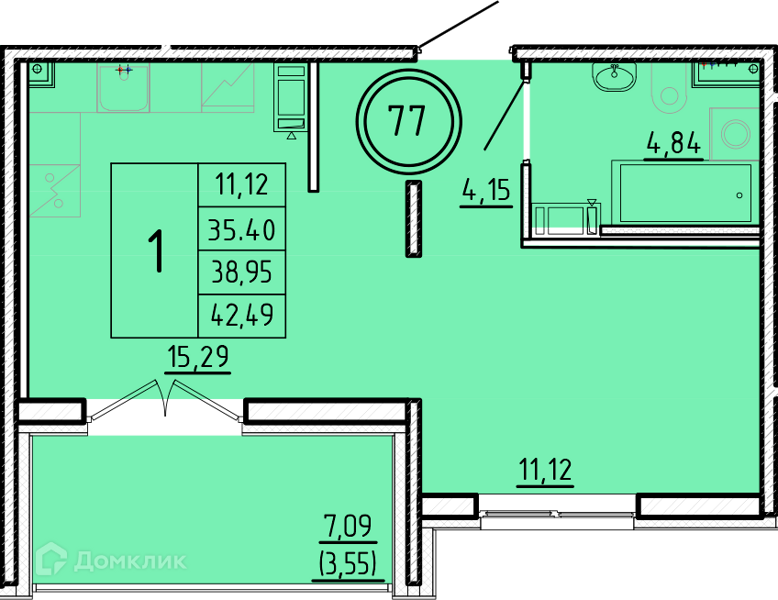 Планировка: 1 комната · 35,4 м²