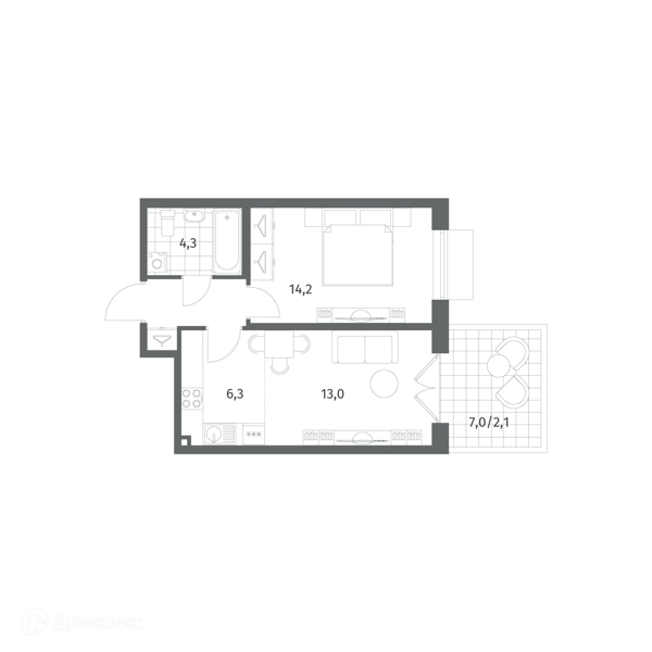 Планировка: 2 комнаты · 43,5 м²