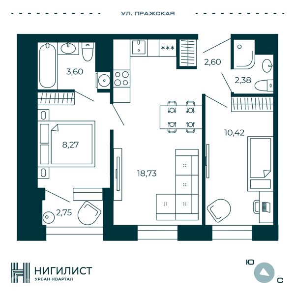 Планировка: 2 комнаты · 47,38 м²