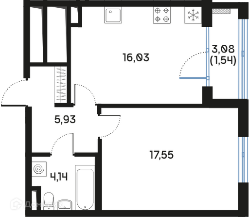Планировка: 1 комната · 45,4 м²