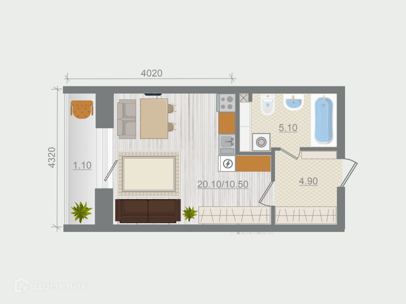 Планировка квартиры: Студия · 29,6 м²