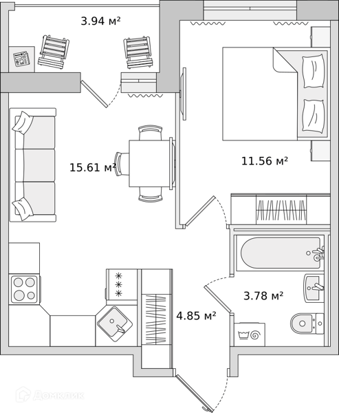 Планировка: 1 комната · 39,74 м²