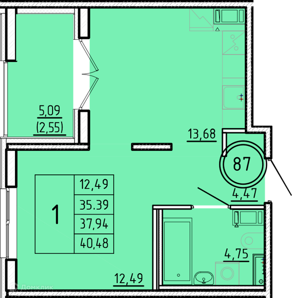 Планировка: 1 комната · 35,39 м²
