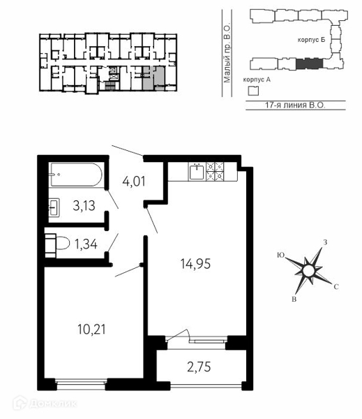 Планировка: 1 комната · 35,02 м²