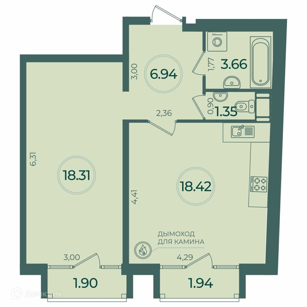 Планировка: 1 комната · 49,83 м²