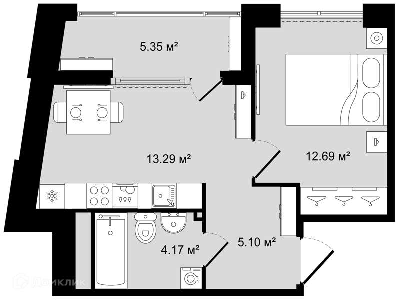 Планировка: 1 комната · 37,93 м²