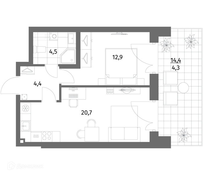 Планировка: 1 комната · 46,8 м²