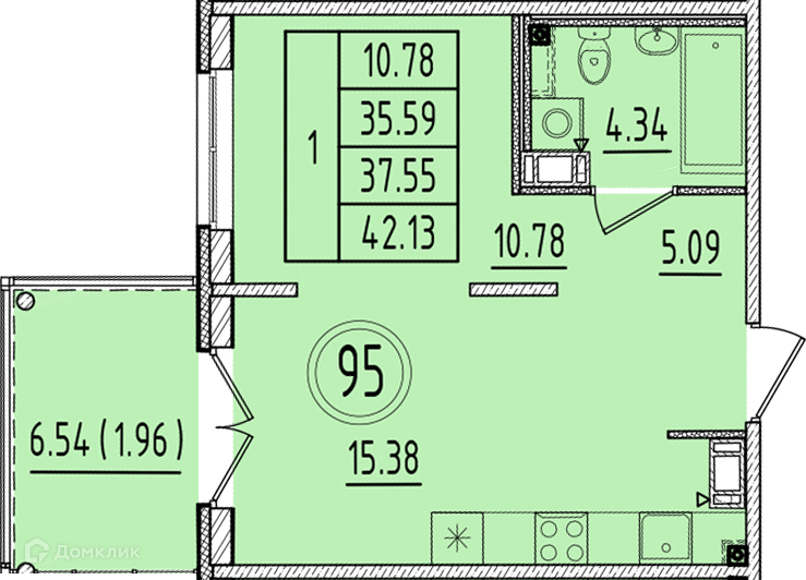 Планировка: 1 комната · 35,59 м²