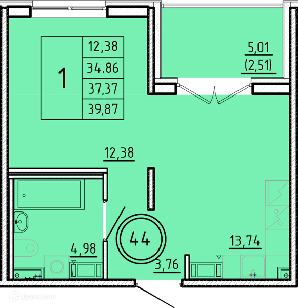 Планировка: 1 комната · 34,86 м²